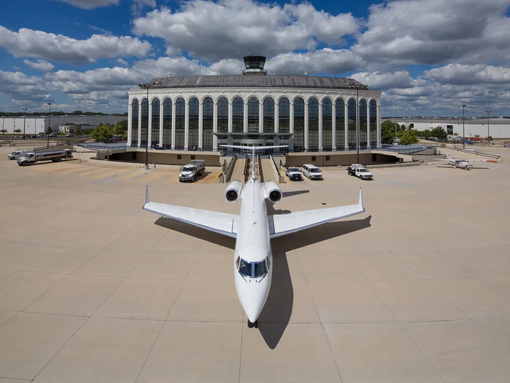 Business jet outside the DuPage Airport terminal