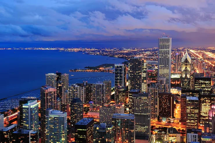Chicago skyline along the lakefront at dusk