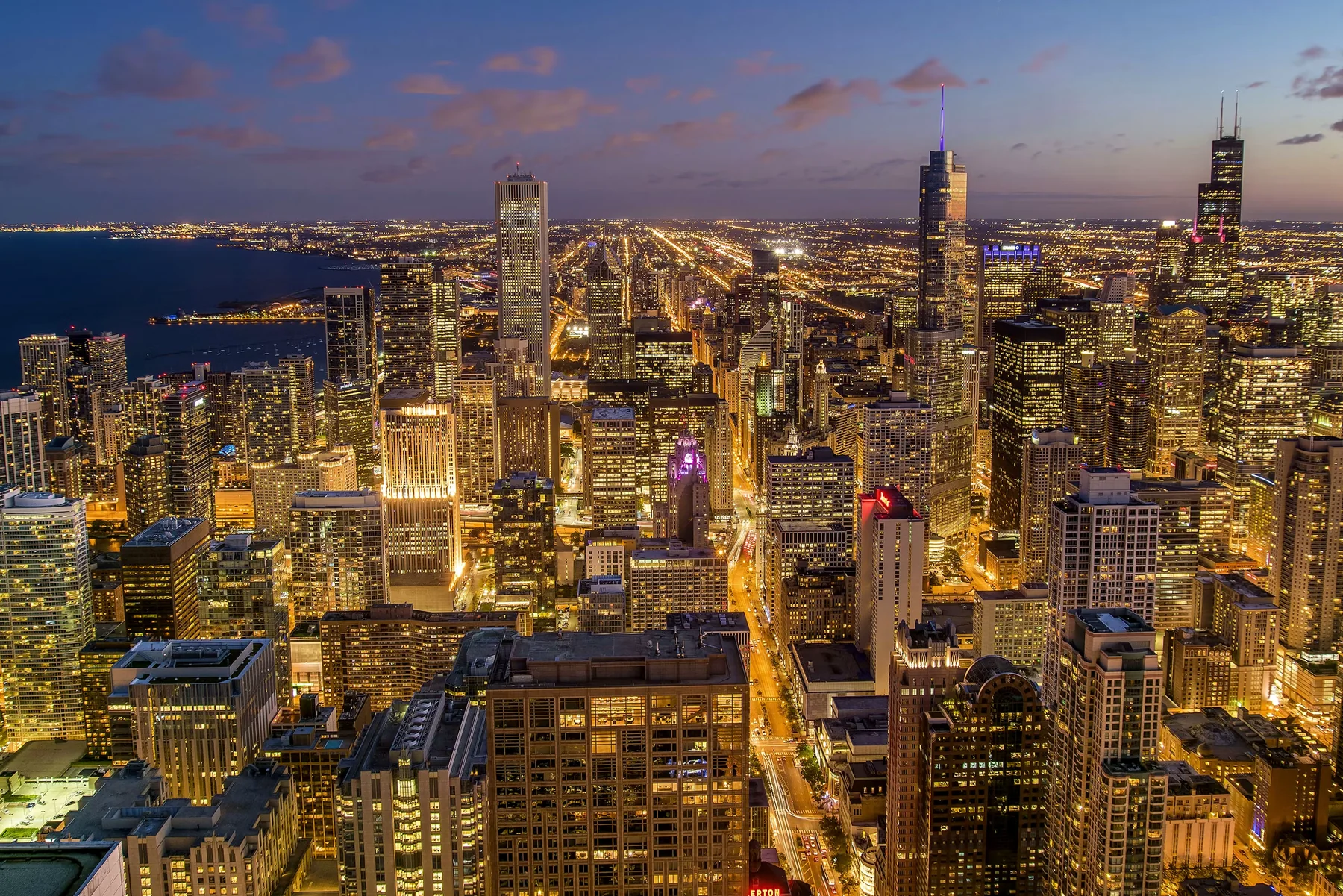 Chicago skyline and Michigan Avenue at dusk from above