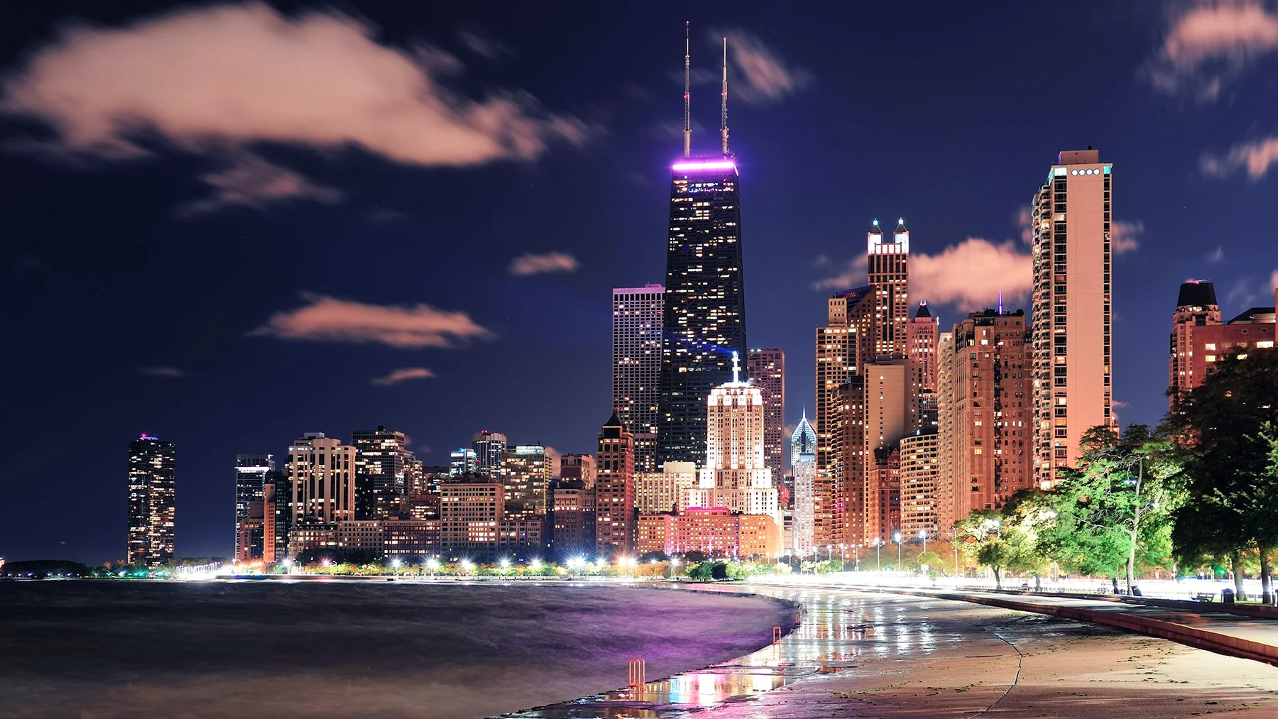 Chicago skyline at night from North Avenue Beach