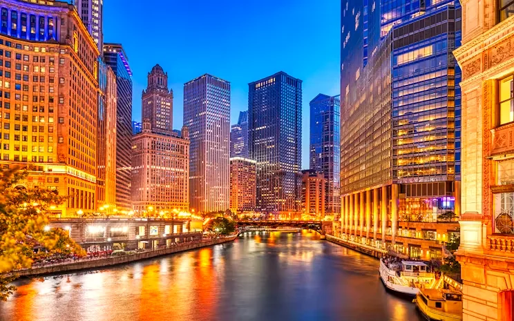 Wacker Drive and the Chicago River at blue hour