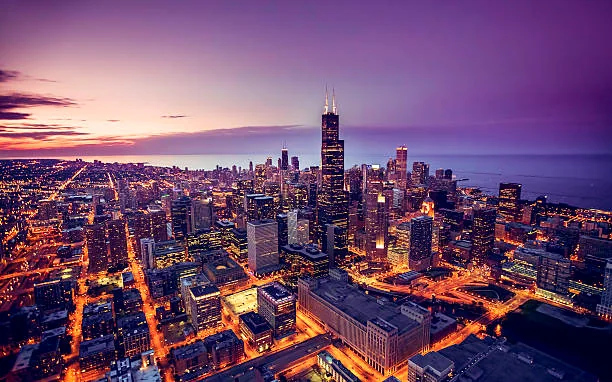 Chicago skyline at sunset from above