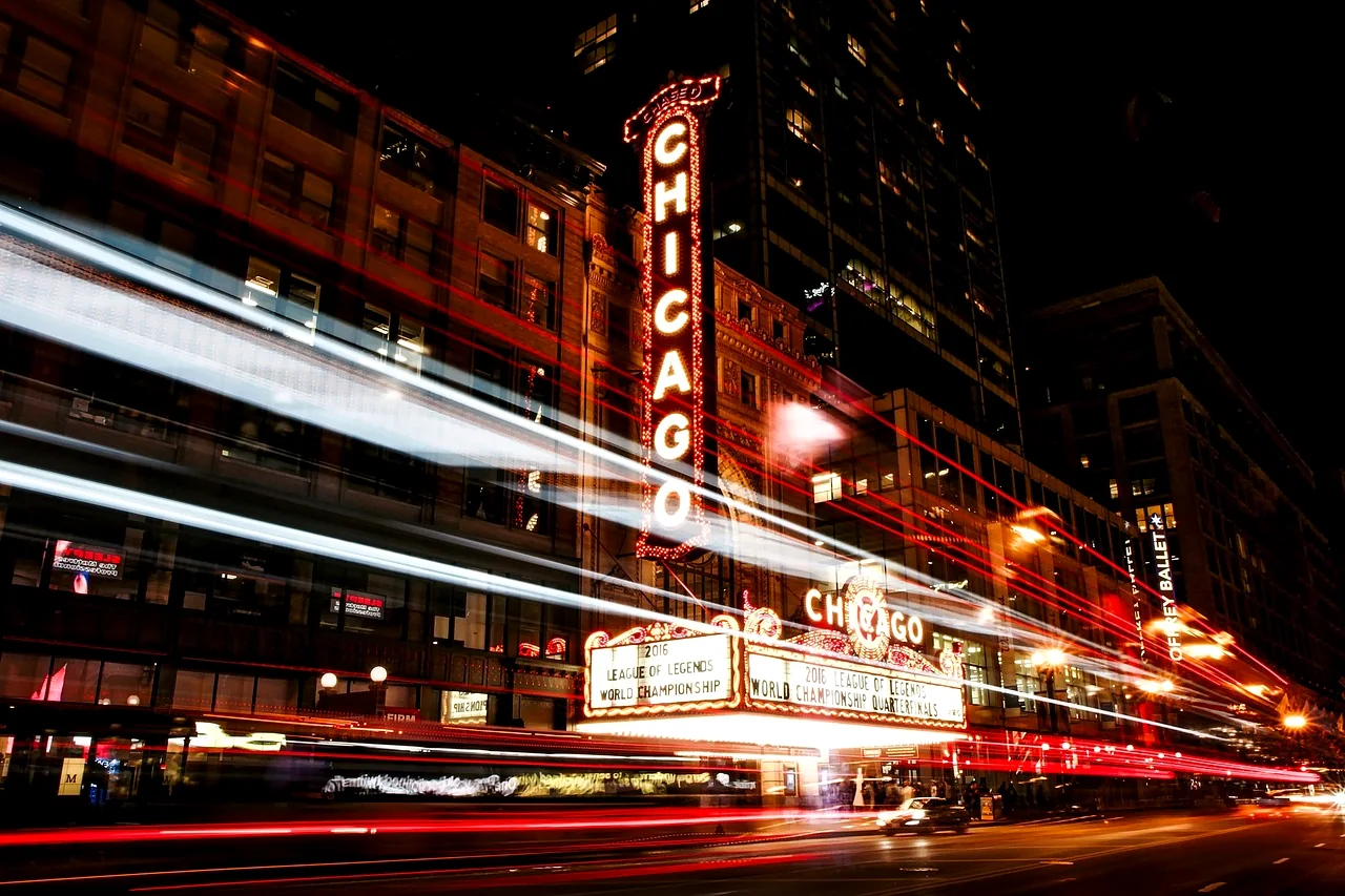 The Chicago Theatre marquee with light trails