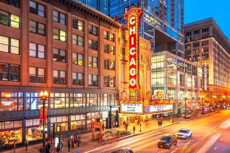 The Chicago Theatre on State Street in the evening