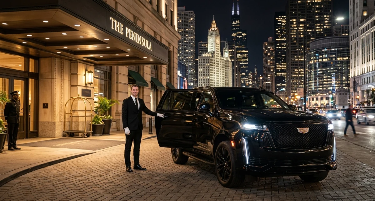 Black chauffeured SUV with a uniformed chauffeur