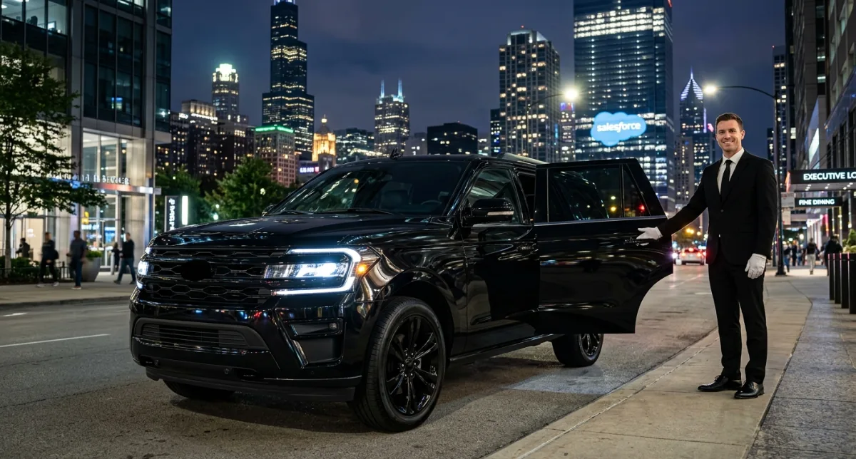 Black Ford Expedition with a uniformed chauffeur