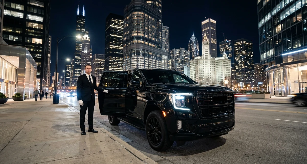 Black GMC Yukon XL with a uniformed chauffeur