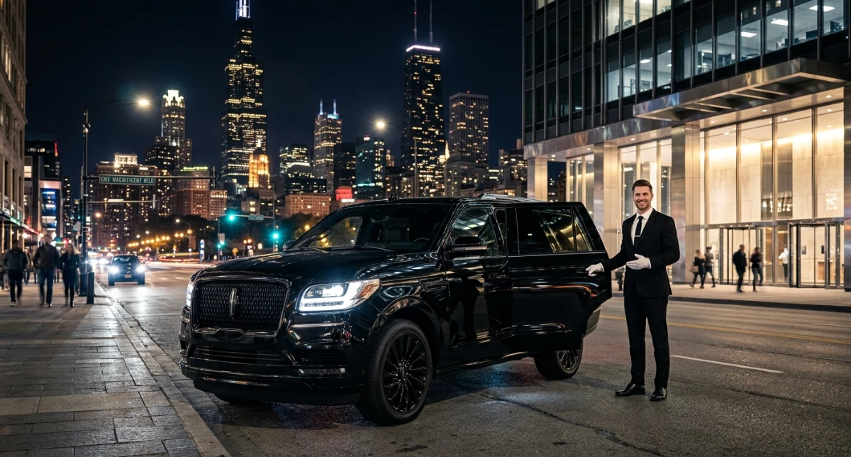 Black Lincoln Navigator with a uniformed chauffeur