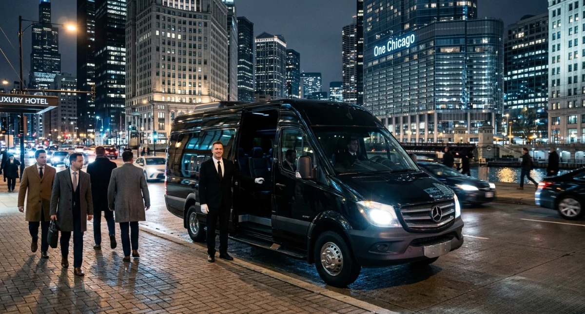 Black chauffeured SUV with a uniformed chauffeur