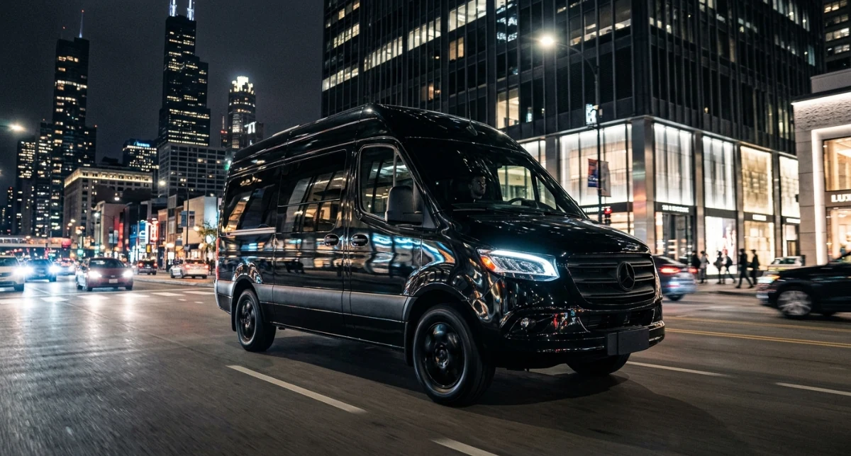 Black Mercedes-Benz Sprinter Van, shown without a chauffeur